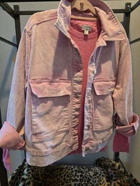 Celebrity Pink Acid Wash PINK Jean Jacket With JCrew Pink Teddie Sweater
